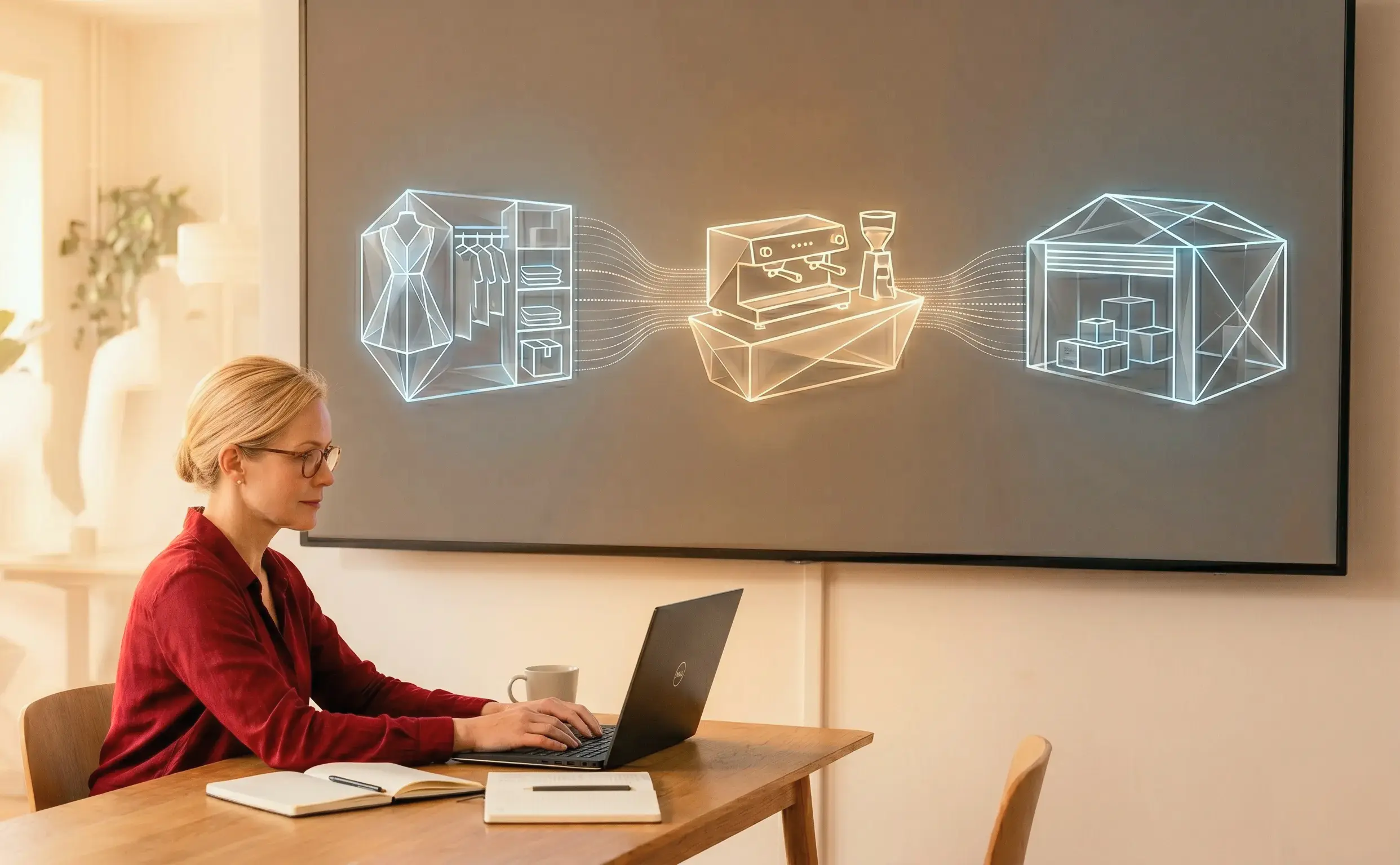 Kvinna väljer produktdelar och funktioner för sin verksamhet i ett gratis bokföringsprogram