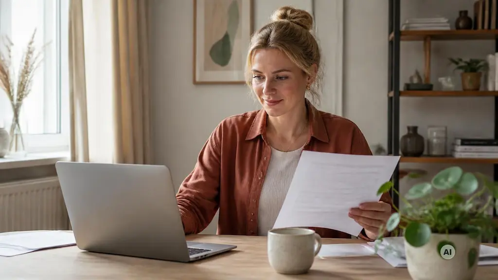 Glad företagare vid laptop som precis har rättat en faktura med en kreditfaktura