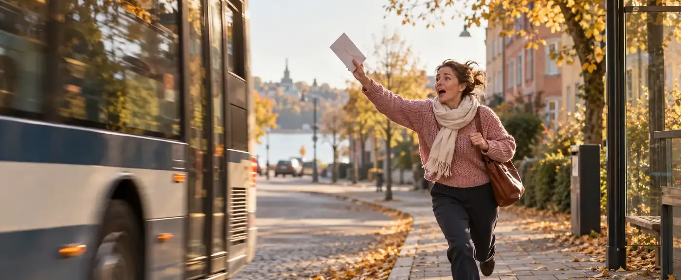 Företagare springer efter bussen med ett kuvert i handen, för sent för att hinna skicka in årsredovisningen i tid