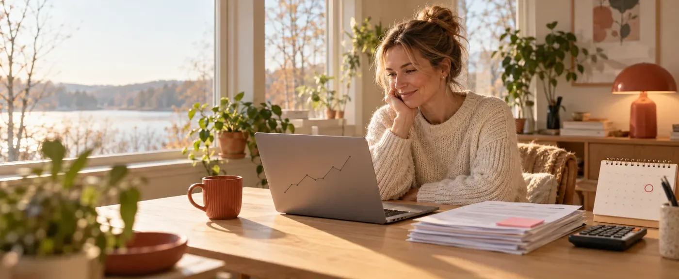 Företagare ler vid laptopen med ett räntediagram, skattepapper och en kalender med inringat datum för statslåneräntan